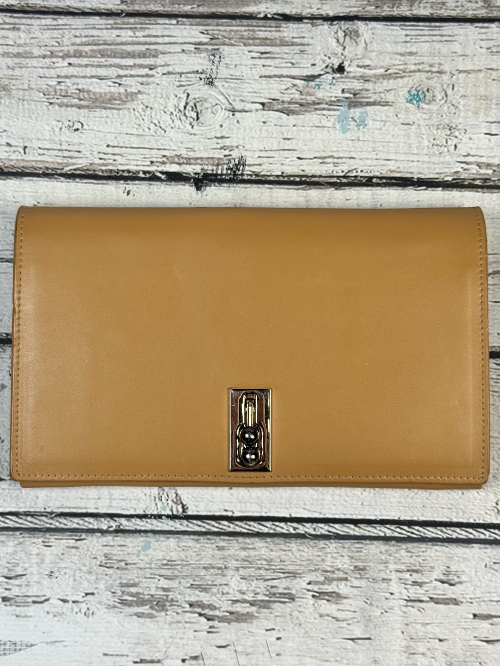 Sondra Roberts Tan Leather Clutch with Polished Turn-Lock